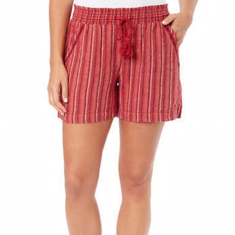 Briggs Linen Blend Tassle Drawstring Shorts, 5” Inseam, Red Stripe, Size L